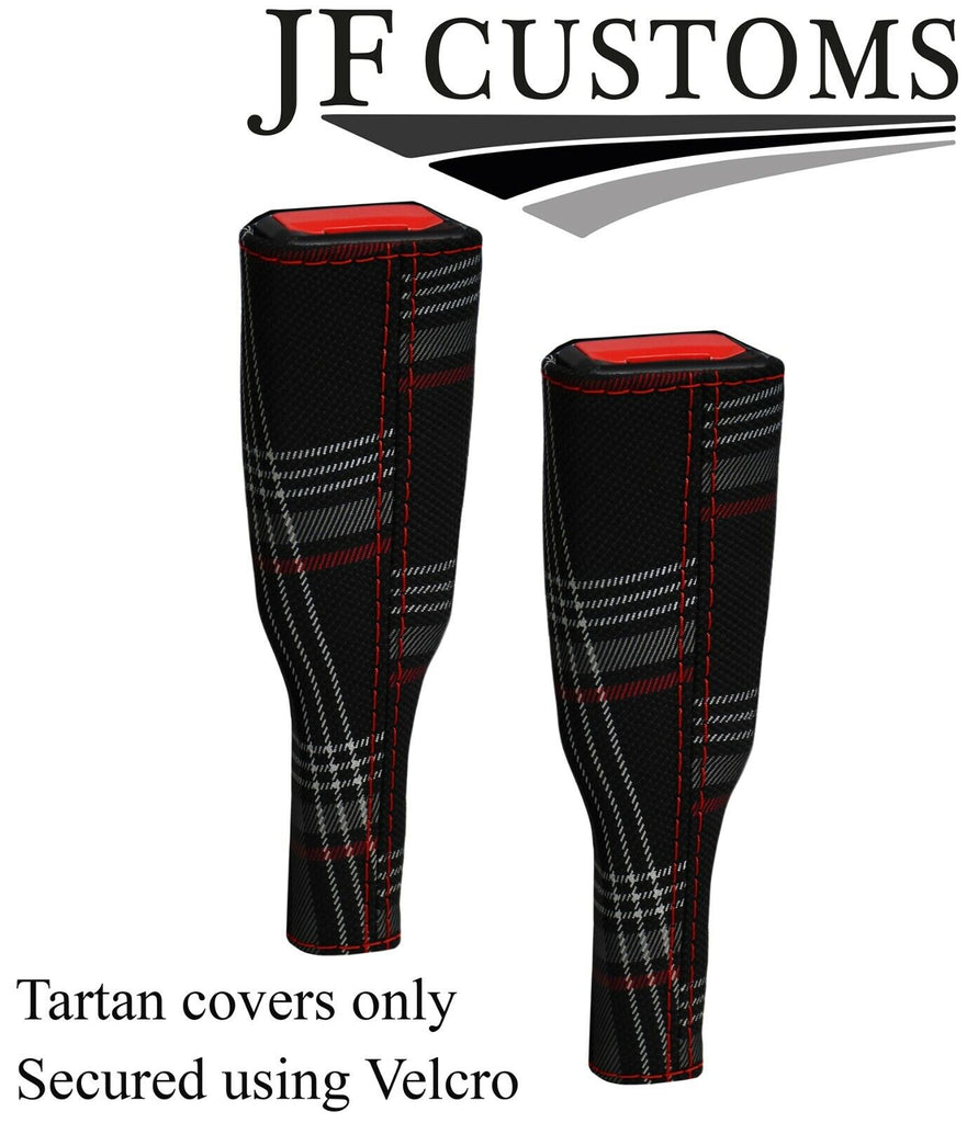 D RED STITCH RED TARTAN 2X SEAT BELT STALK TALL COVERS FOR VW AMAROK 2010-2020