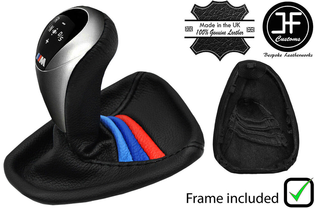 BLACK STICH TRI STRIPE LEATHER AUTO DCT GEAR+PLASTIC FRAME FOR BMW E90 E92 E93