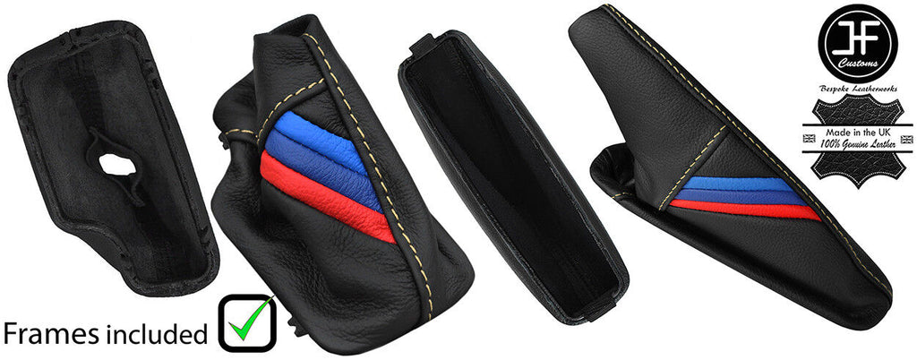 SAND STITCH LEATHER GAITERS SET+PLASTIC FRAME FOR BMW E46 99-05 AUTO TRI STRIPE