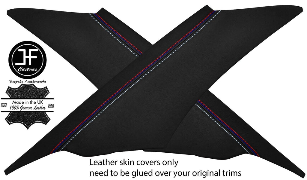 BLACK LEATHER TRI STITCH 2X REAR C PILLAR COVERS FOR BMW E60 03-11 SALOON