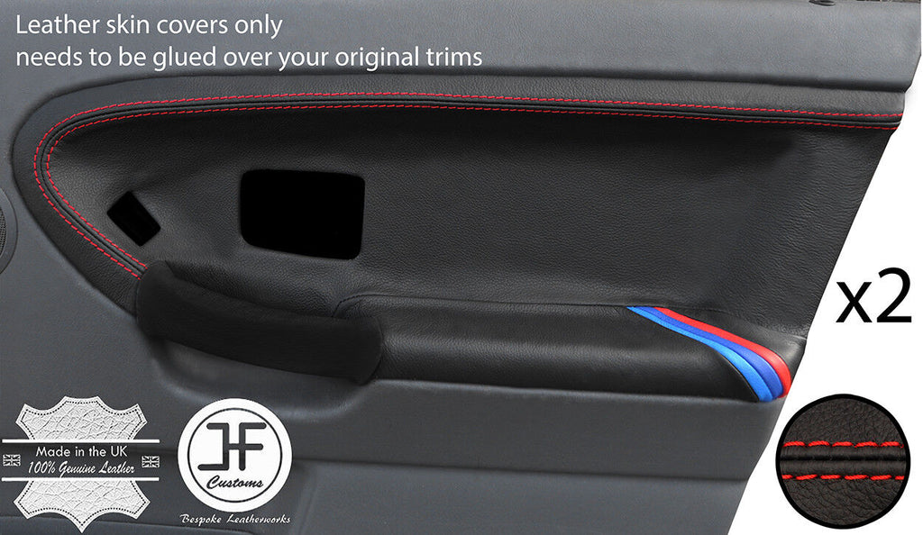 RED STITCH TRI STRIPE 2X FRONT DOOR CARD LTHR COVERS FOR BMW E36 TOURING STYLE2
