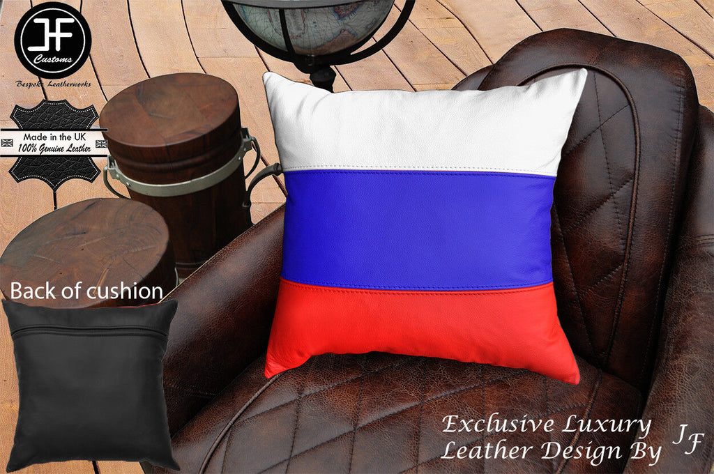 RUSSIAN FLAG COLOUR LEATHER 1X EXCLUSIVE LUXURY CUSHION 18"x18" BLACK BACK