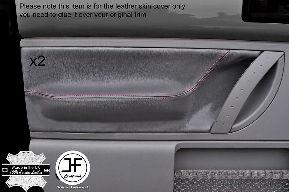 PINK STITCH GREY LEATHER 2X FRONT DOOR CARD TRIM  COVERS FITS VW BEETLE 98-11
