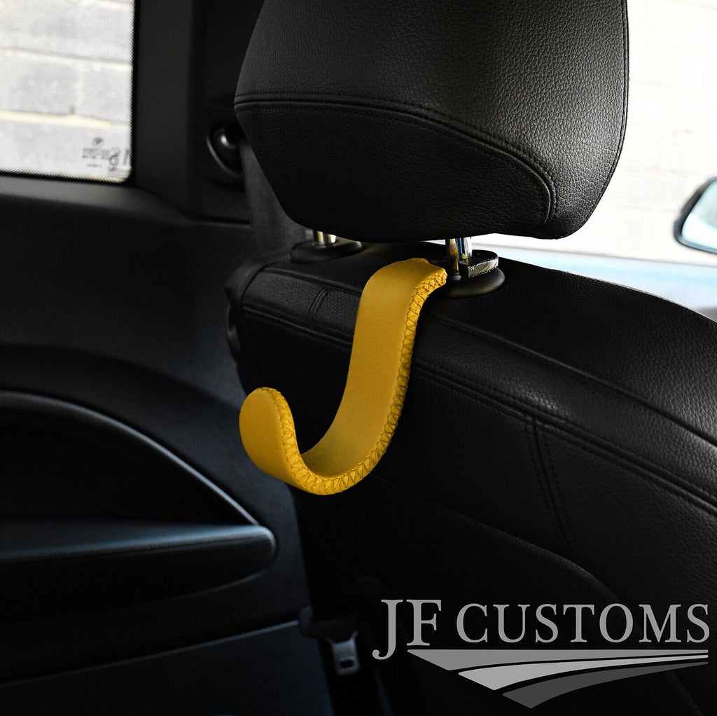 YELLOW ITALIAN LEATHER PLASTIC CAR SEAT HEADREST HOOK FITS AUDI TT MK2 06-14