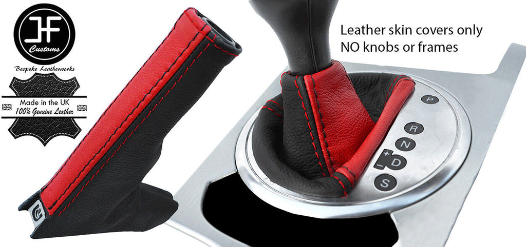 BLACK & RED REAL LEATHER AUTO AUTOMATIC GAITER SET FOR AUDI TT MK2 2006-2014