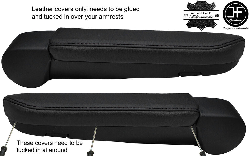 BLACK & BLACK 2X REAL LEATHER ARMREST COVERS FITS VW T5 TRANSPORTER CARAVELLE