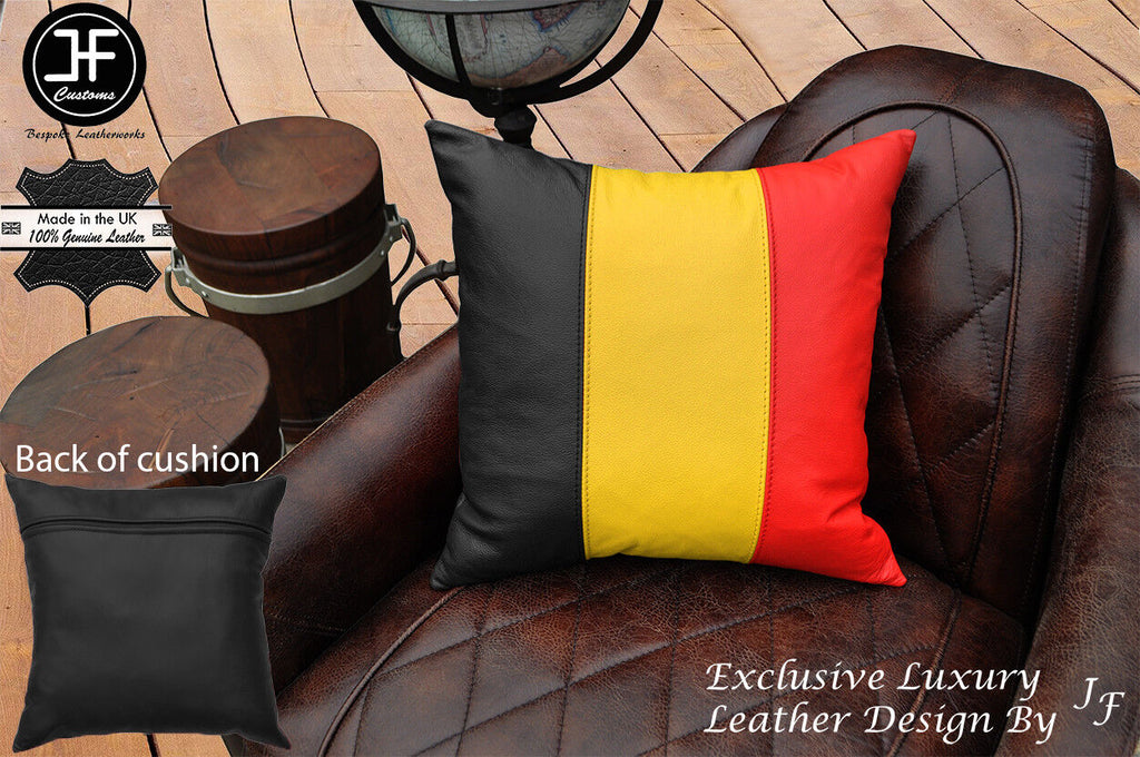 BELGIUM FLAG COLOUR LEATHER 1X EXCLUSIVE LUXURY CUSHION 18"x18" BLACK BACK