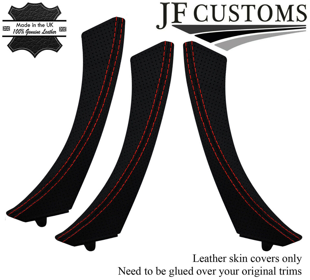 RED STITCH ITALIAN PERFORATED LEATHER 3X DOOR HANDLE COVERS FOR BMW E90 E91 E9X