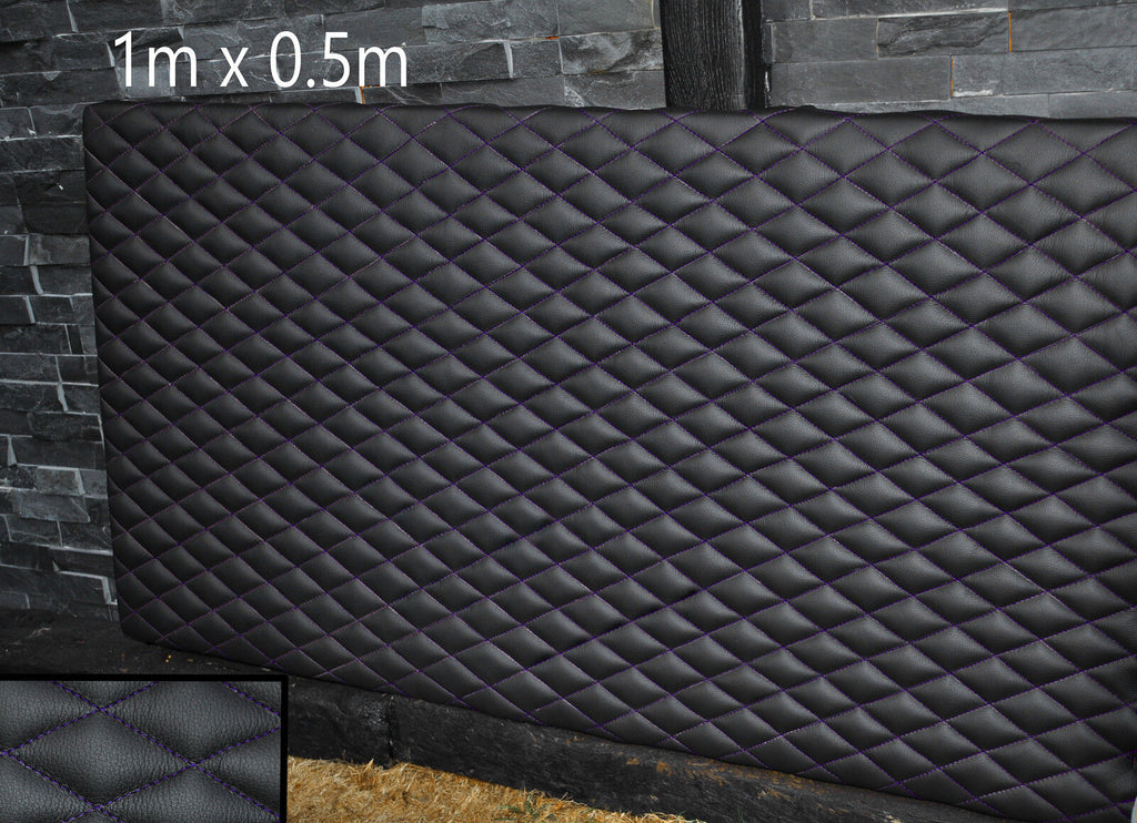 BLACK LEATHER PADDED PURPLE DIAMOND STITCH 1M X 0.5M UPHOLSTERY FURNITURE AUTO