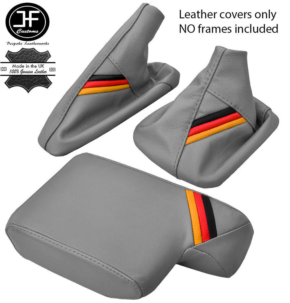 GREY LEATHER GERMAN STRIPES GEAR HANDBRAKE ARMREST COVER FOR BMW E46 99-05