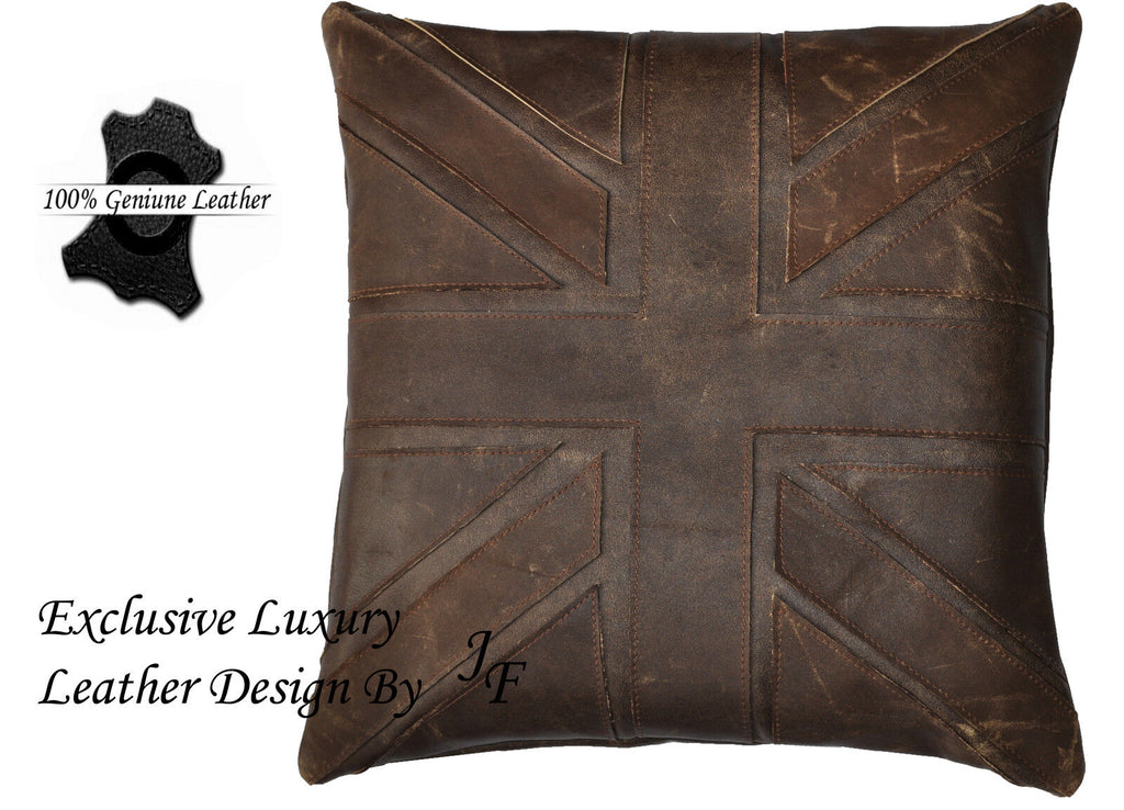 EXCLUSIVE LUXURY GENUINE DISTRESS BROWN LEATHER CUSHION UNION JACK DESIGN LARGE