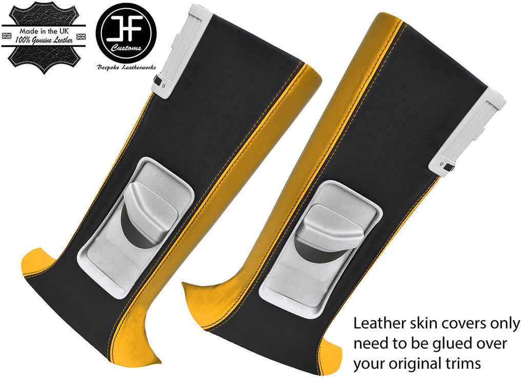 BLACK & YELLOW LEATHER 2X UPPER B PILLAR COVERS FOR VW T5 TRANSPORTER SHUTTLE
