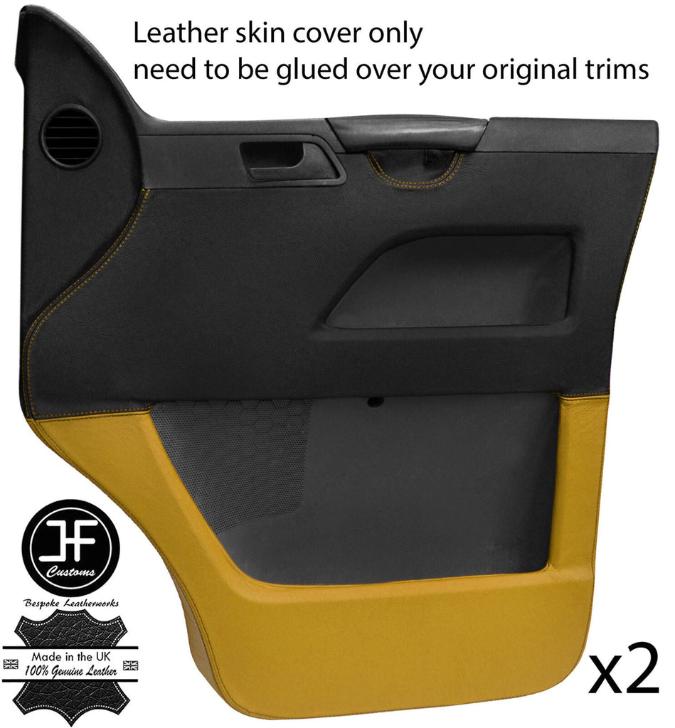 BLACK & YELLOW REAL LEATHER 2X FRONT DOOR CARD COVERS FOR VW T5 TRANSPORTER