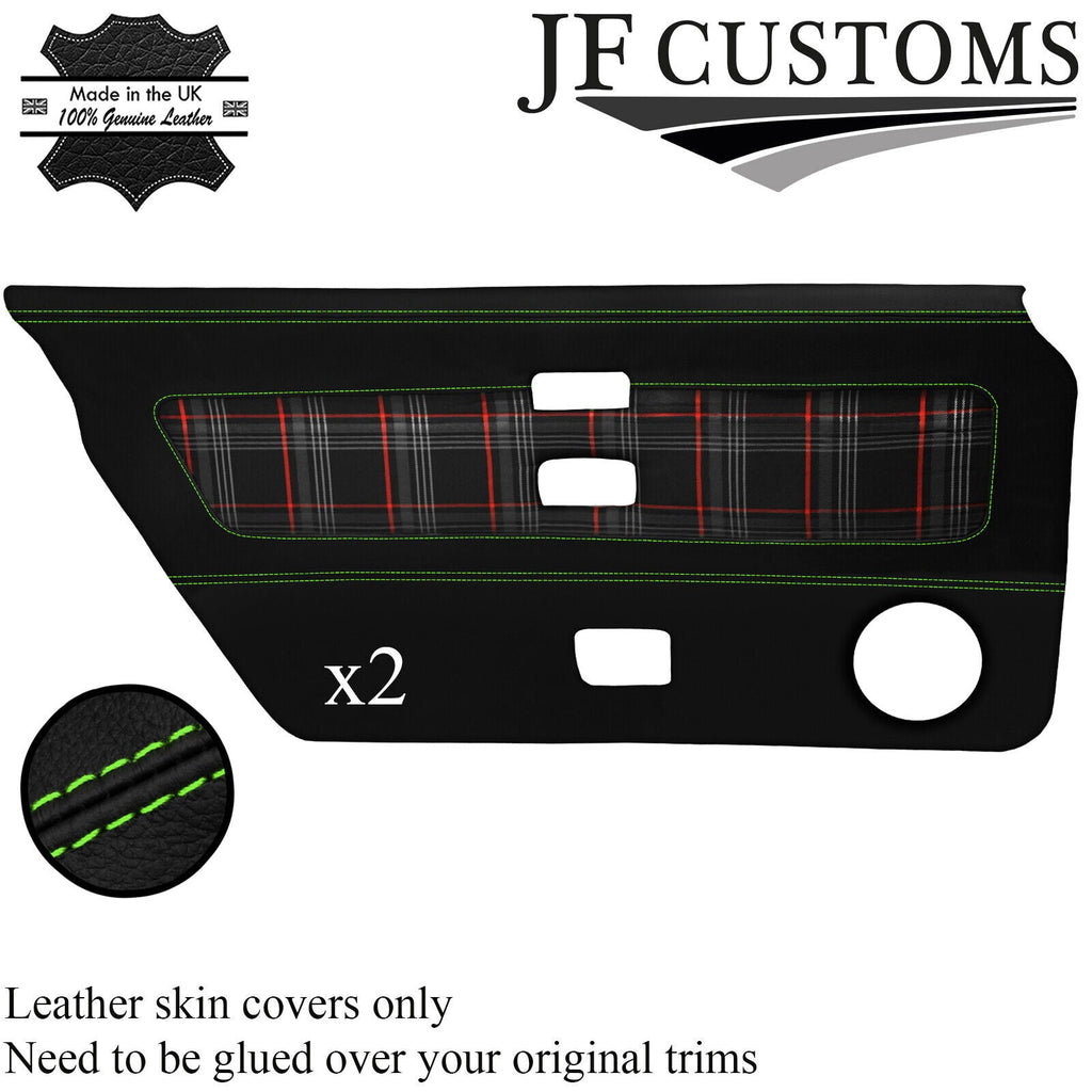 GREEN STITCH LEATHER+RED TARTAN 2X DOOR CARD COVER FOR TRIUMPH TR7 76-81 JF2