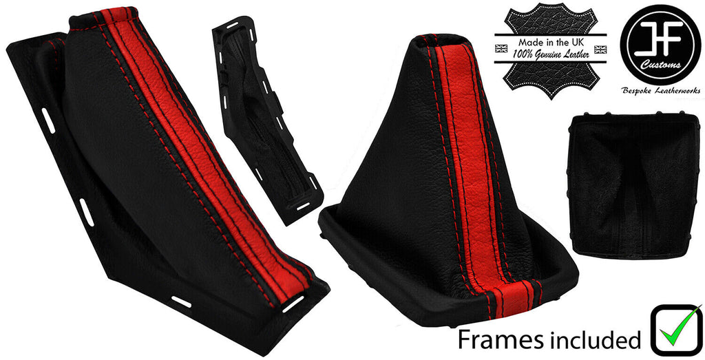 BLACK & RED STRIPE LEATHER GAITER SET + PLASTIC FRAME FOR FORD FOCUS FL 08-11