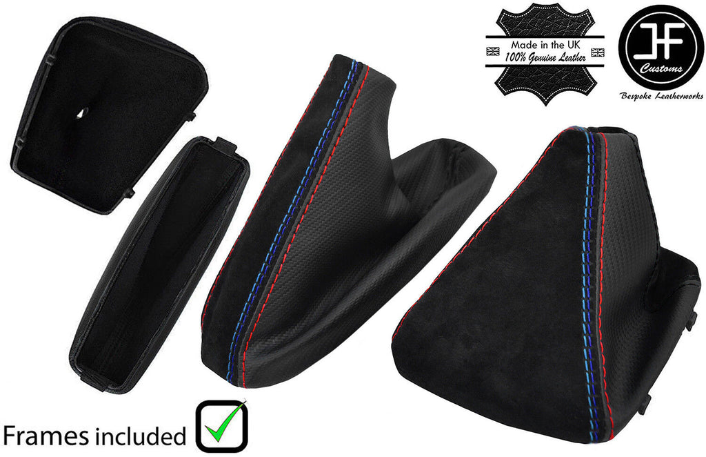 BLACK & TRI STITCH CARBON VINYL&SUEDE GAITER SET+PLASTIC FRAME FOR BMW E46 99-05