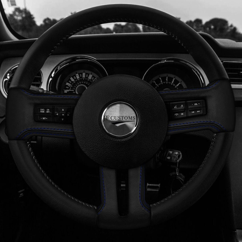 R BLUE STITCH LEATHER COVERED STEERING WHEEL TRIMS+FRAMES FOR FORD MUSTANG 10-14