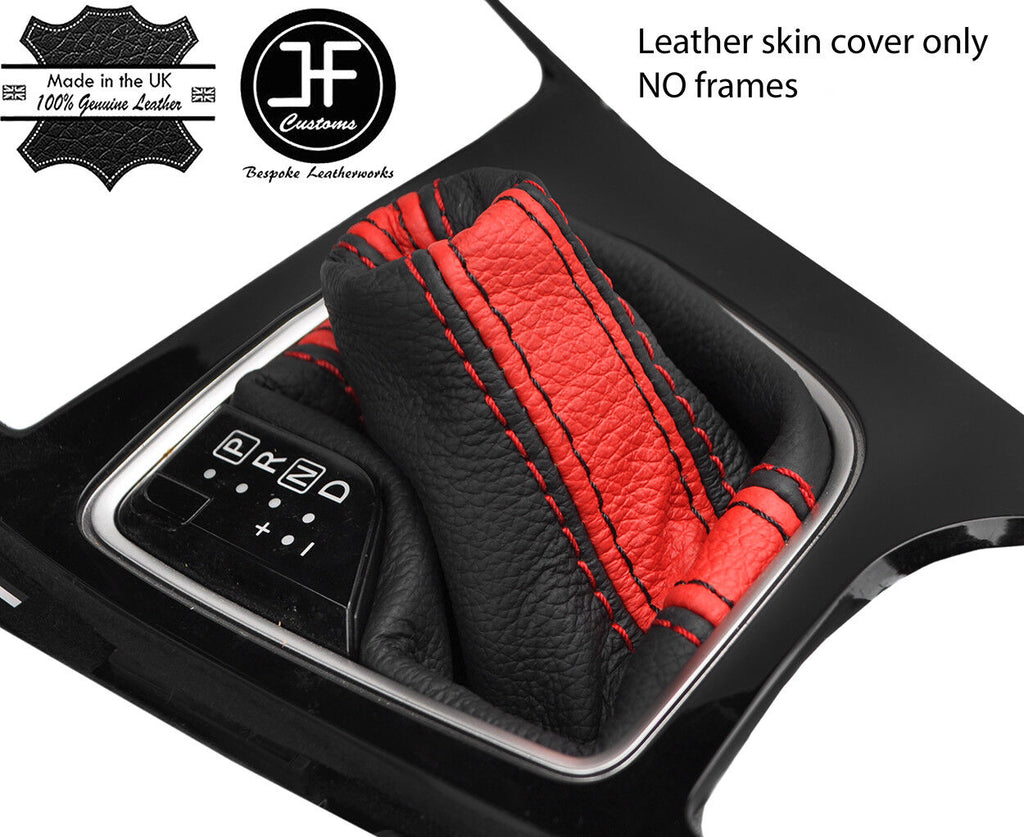 BLACK & RED STRIPE REAL LEATHER AUTOMATIC GEAR GAITER FOR INFINITI Q50 13-17
