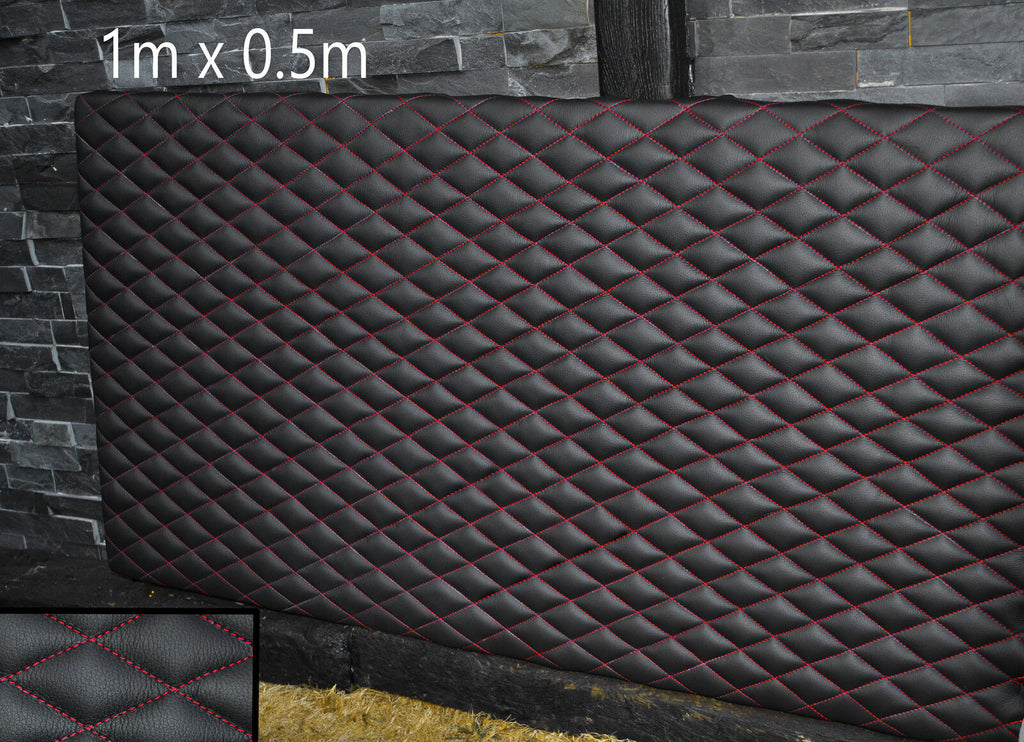 BLACK LEATHER PADDED RED DIAMOND STITCH 1M X 0.5M UPHOLSTERY FURNITURE AUTO
