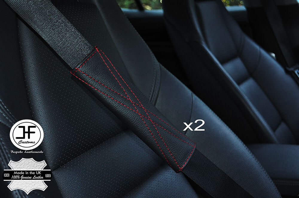 2X BLACK LEATHER RED X STITCH LUXURY SHOULDER SEAT BELT PADDED PADS CUSTOM NEW