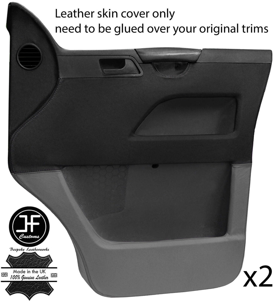BLACK & GREY REAL LEATHER 2X FRONT DOOR CARD COVERS FOR VW T5 TRANSPORTER
