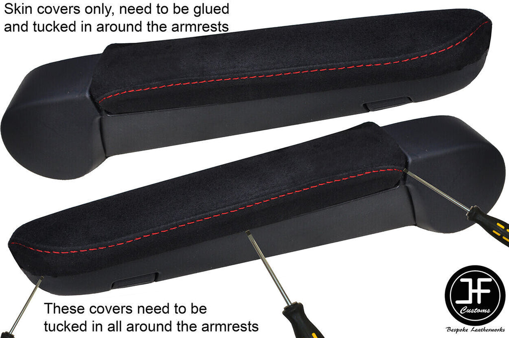RED STITCHING 2X ARMREST SUEDE COVERS FITS VW T6 TRANSPORTER 2016-2019