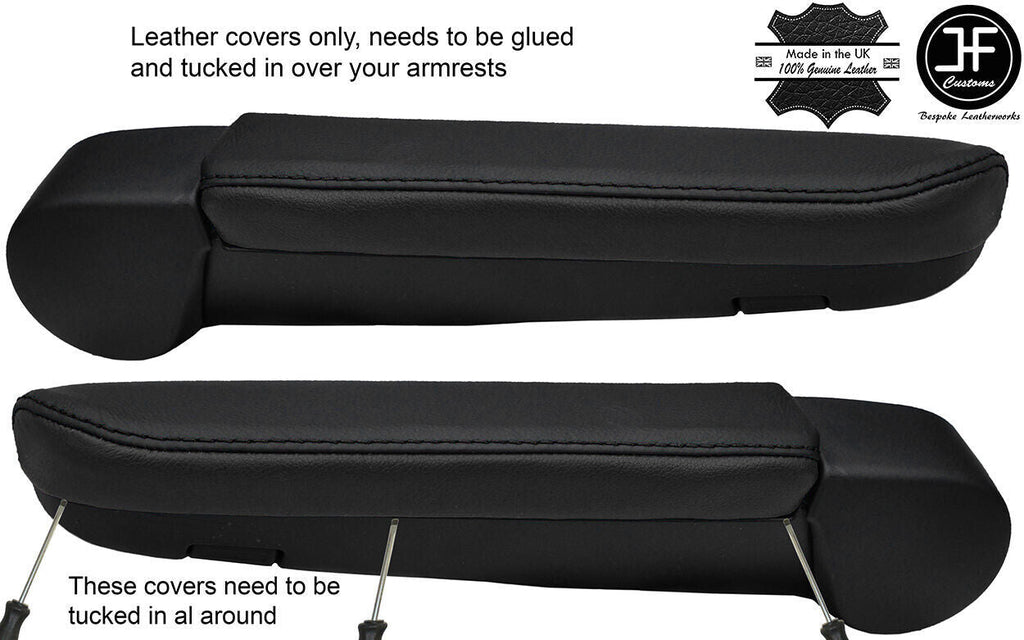 BLACK & BLACK 2X ARMREST REAL LEATHER COVERS FITS VW T6 TRANSPORTER 2016-2019
