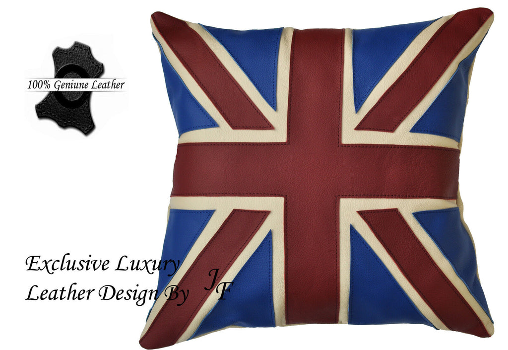 x1 EXCLUSIVE LUXURY GENUINE LEATHER CUSHION DESIGN UNION JACK LARGE BLUE RED