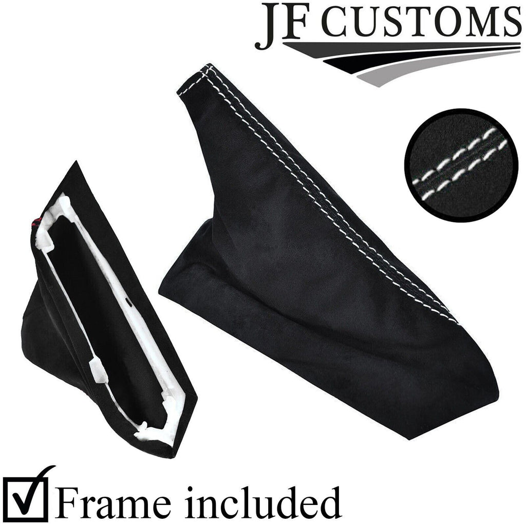 WHITE STITCH REAL SUEDE HANDBRAKE COVER + PLASTIC FRAME FOR CORVETTE C6 05-13