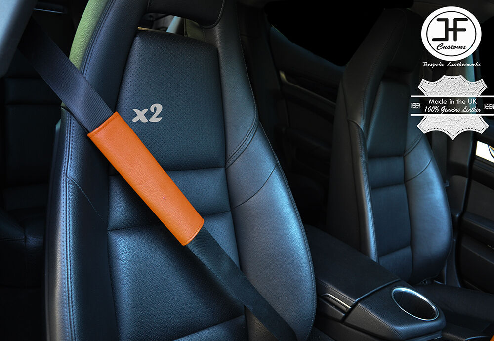2X ORANGE LEATHER LUXURY SHOULDER SEAT BELT PADDED HARNESS PADS CUSTOM NEW