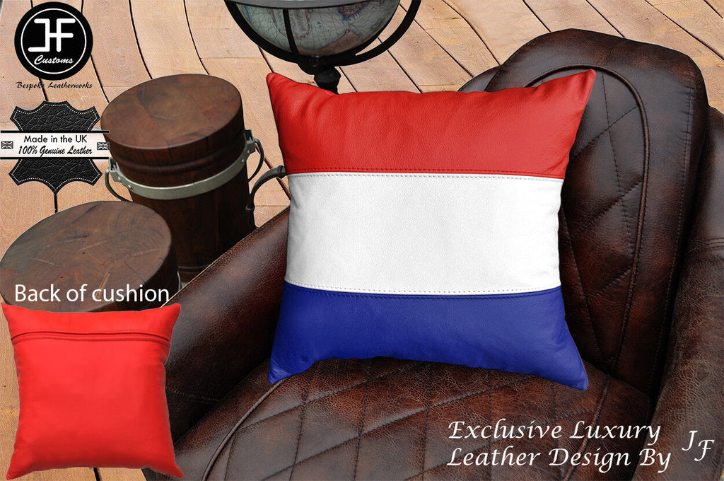 NETHERLAND FLAG COLOUR LEATHER 1X EXCLUSIVE LUXURY CUSHION 18"x18" RED BACK