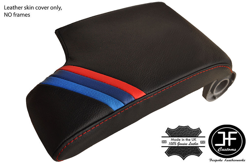 RED STITCH LEATHER ARMREST COVER TRI STRIPES FITS BMW E46 3 SERIES 1998-2005
