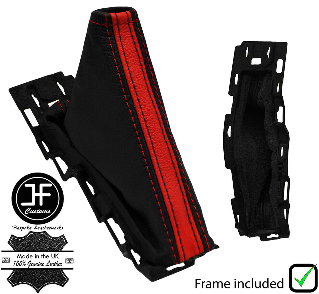 BLACK& RED STRIPE LEATHER HANDBRAKE GAITER+PLASTIC FRAME FOR FORD FOCUS 14-18