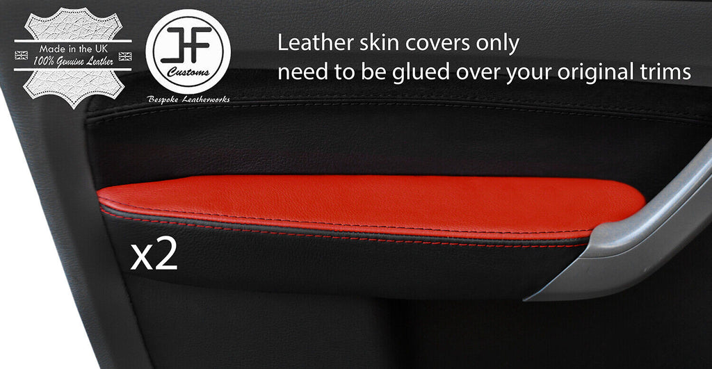 BLACK & RED 2X FRONT DOOR ARMREST REAL LEATHER COVERS FOR VW CADDY MK3 05-15