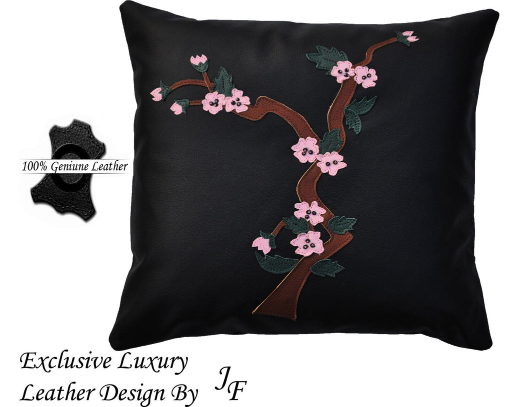 BLACK LUXURY GENUINE LEATHER CUSHION FLOWER TREE DESIGN SEWED ON CUSTOM NEW