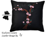 BLACK LUXURY GENUINE LEATHER CUSHION FLOWER TREE DESIGN SEWED ON CUSTOM NEW