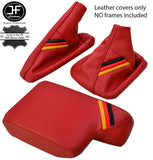DARK RED LEATHER GERMAN STRIPES GEAR HANDBRAKE ARMREST COVER FOR BMW E36 91-98