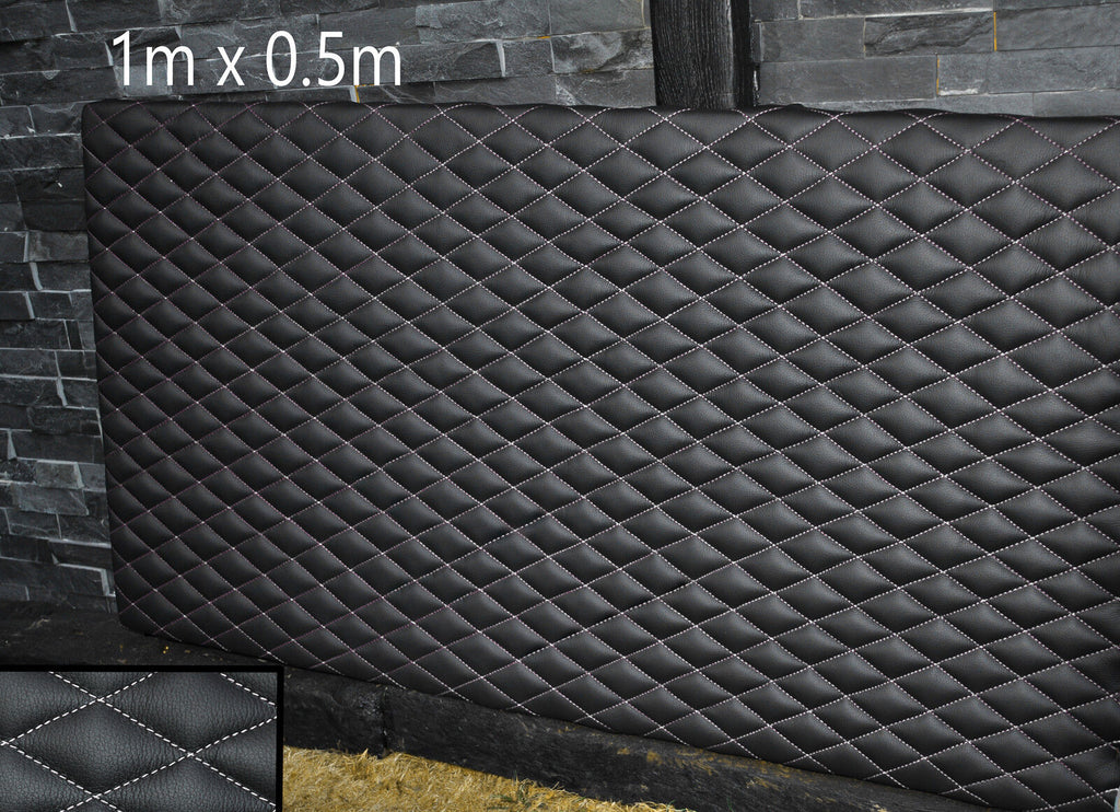 BLACK LEATHER PADDED WHITE DIAMOND STITCH 1M X 0.5M UPHOLSTERY FURNITURE AUTO