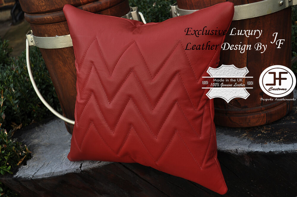1X EXCLUSIVE LUXURY GENUINE LEATHER CUSHION DARK RED ZIG ZAG PADDED 18"x18"
