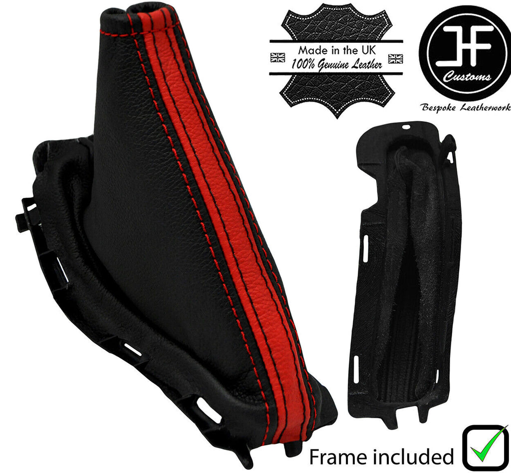BLACK&RED STRIPE LTHR HANDBRAKE GAITER+PLASTIC FRAME FOR FORD FOCUS MK2 05-08