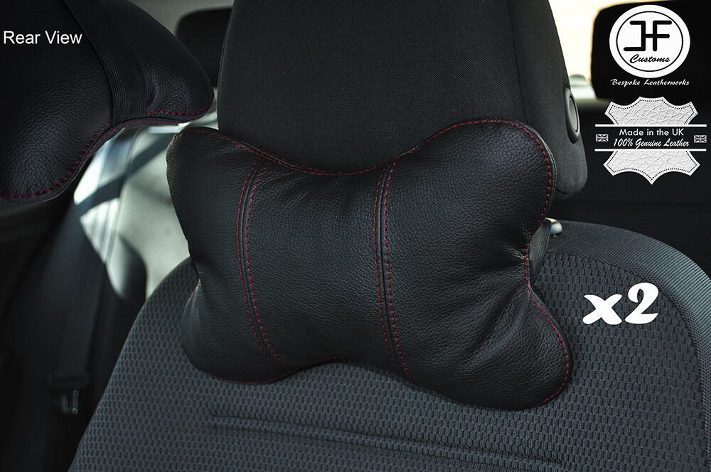 2X DARK RED STITCH BLACK LEATHER LUXURY HEADREST PILLOW NECK REST CUSHION PAD