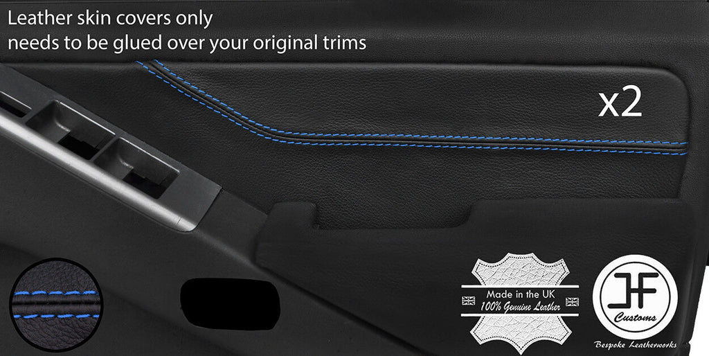 BLUE STITCH 2X FRONT DOOR CARD TRIM LEATHER COVER FITS NISSAN NAVARA D40 06-15