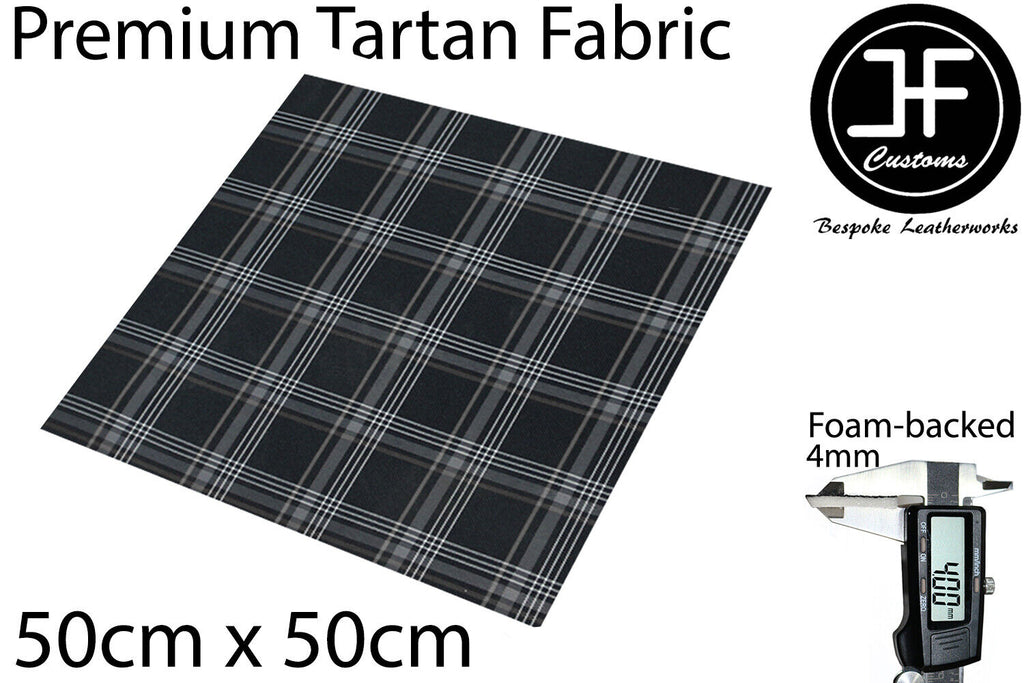 PREMIUM AUTOMOTIVE GREY TARTAN FOAM BACKED 4MM FABRIC 50cm x 50cm UPHOLSTERY