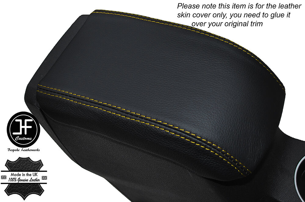 YELLOW STITCHING LEATHER SKIN ARMREST LID COVER FITS FORD FIESTA MK9 2013-2016