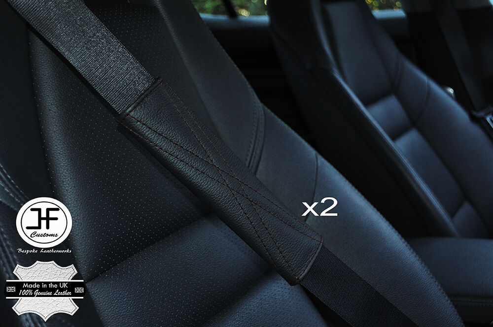 2X BLACK LEATHER BLACK X STITCH LUXURY SHOULDER SEAT BELT PADDED PADS CUSTOM NEW
