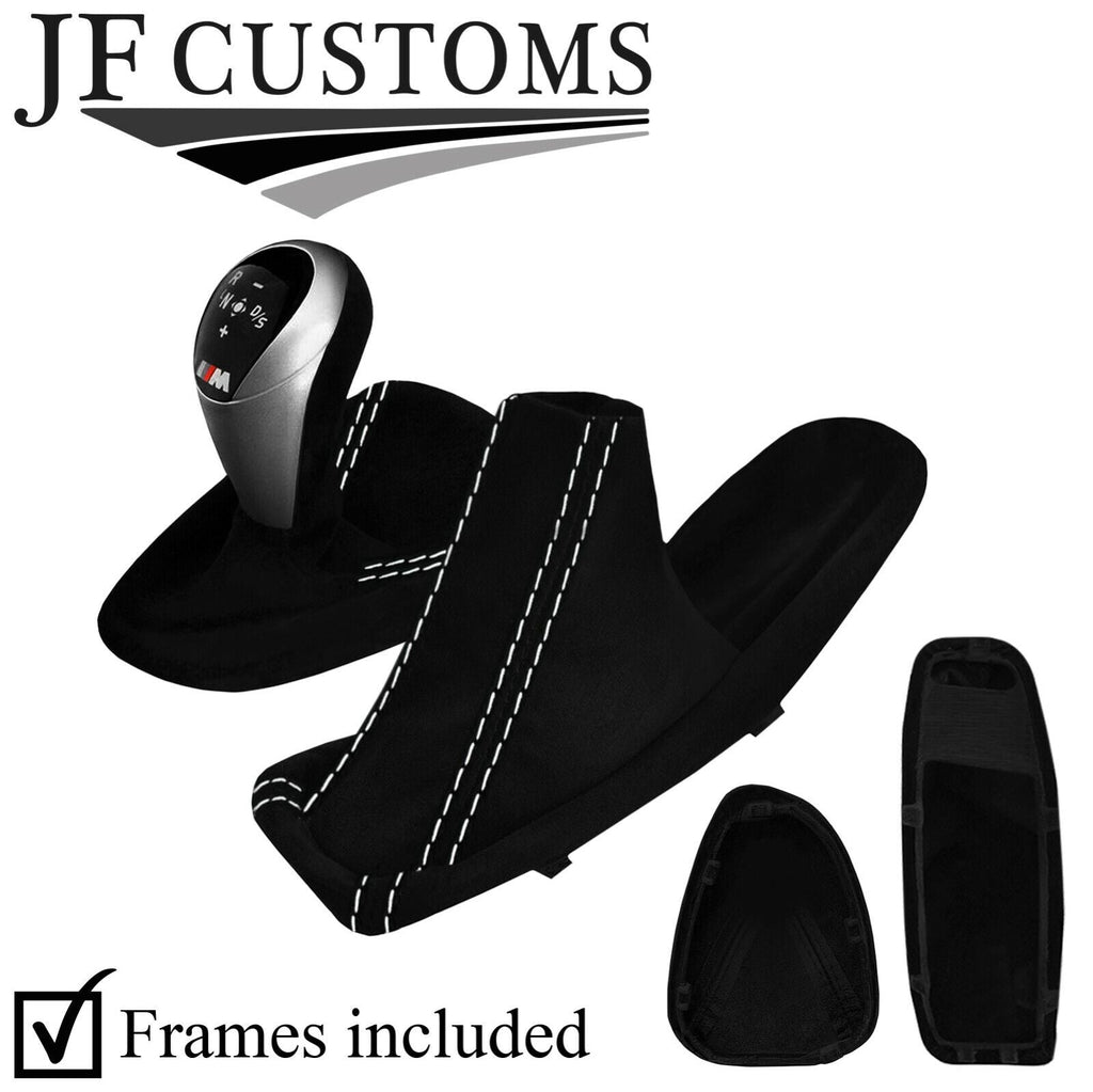 WHITE STITCH SUEDE AUTO DCT GEAR HANDBRAKE + FRAMES FOR BMW E90 E92 E93