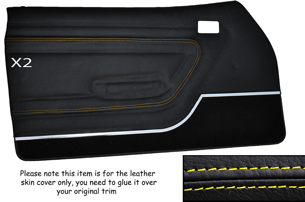 YELLOW STITCH 2X FRONT DOOR CARDS LEATHER SKIN COVER FITS FORD CAPRI MK3 STYLE 2