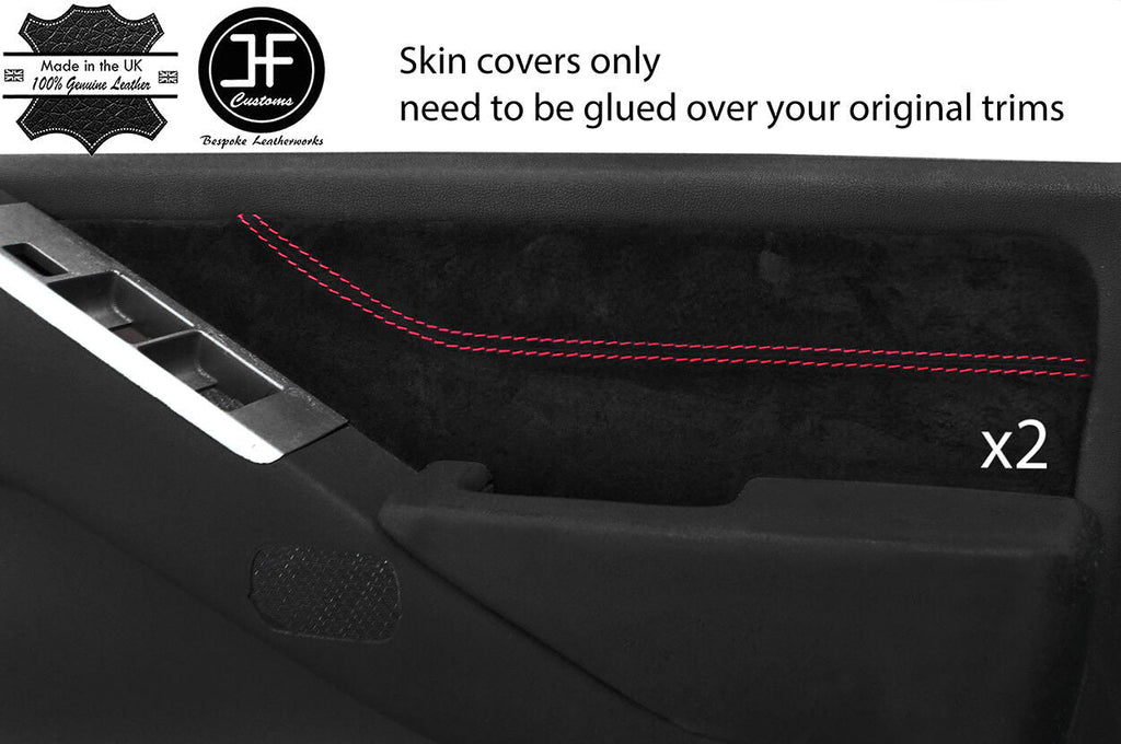 RED STITCH 2X FRONT DOOR CARD TRIM SUEDE COVER FITS NISSAN NAVARA D40 06-15