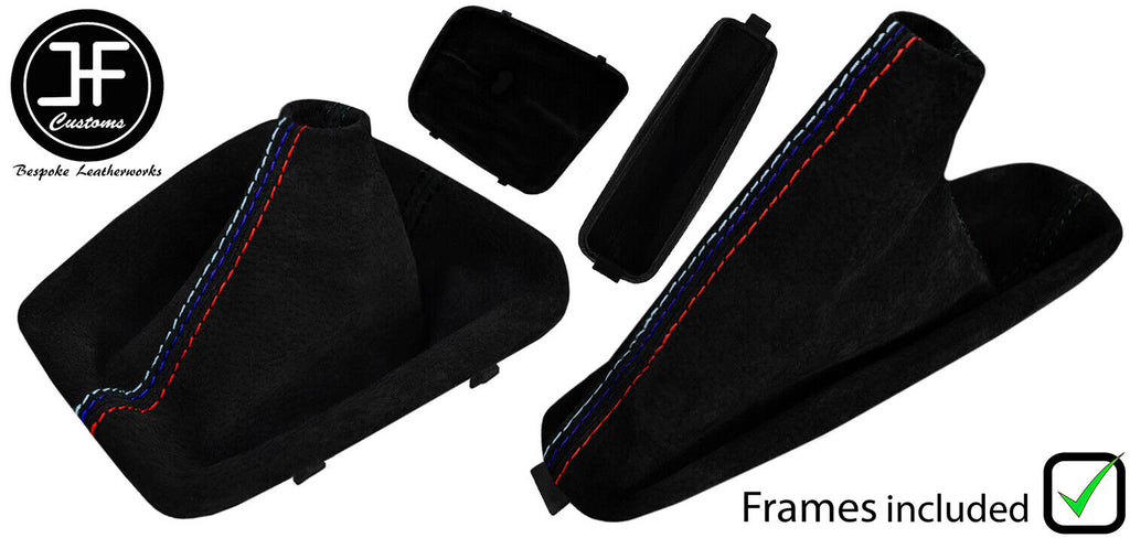 BLACK & TRI STITCH SUEDE MANUAL GAITER SET+PLASTIC FRAME FOR BMW 3 E46 99-05