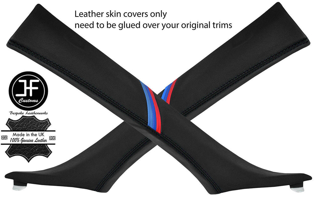 BLACK STITCH TRI STRIPE 2X A PILLAR COVERS FOR BMW E46 CONVERTIBLE 98-05 STYLE 2